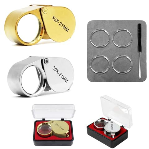 2 Stück 30 Fach Juwelier Glas Objektiv Eye Lupe, Silber Gold | mit Putztuch, Schraubendreher, Aufhänger für Eignet sich zur Identifizierung Begutachtung Schmuck, Münzen, Briefmarken Uhren
