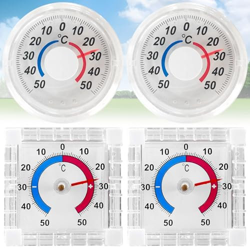 Srup 4 Stück Transparent Selbstklebend Analog Fensterthermometer, Transparent Außenthermometer, Selbstklebendes Fensterthermometer, Fensterscheibe Temperaturanzeige (quadratisch rund, -50℃ bis 50℃)