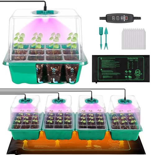 Erogeen Lot de 4 plateaux de démarrage de semis avec lampe de croissance et tapis chauffant, kit de démarrage de 48 cellules avec dôme d’humidité réglable et base, kit de germination pour la culture