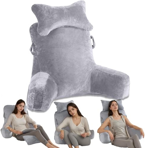 Exquilnova Reading Pillow for Bed Adult,Removable Cuddle Cushion,Lumbar Back Support Pillow with Pockets,Arm Support,Back Cushion for Adult Sitting in Bed,Sofa,Floor,Chair(Light Gray)