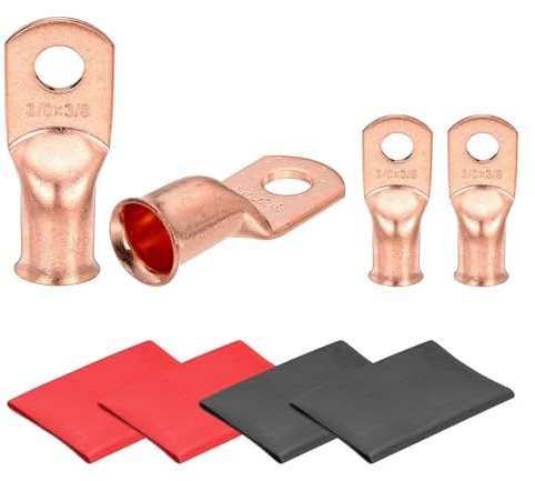 sourcing map 4 Pcs Battery Cable Ends 3/0 AWG 3/8 Inch Tubular Ring Terminals Closed End Crimp Connectors Bare Copper Eyelet with Heat Shrink Tubing