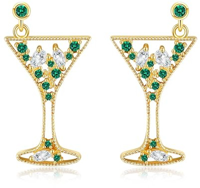 Martini Earrings Sterling Silver Green Zircon Cocktail Margarita Dangle Earrings Statement Chamagne Party Jewelry Gift for Women