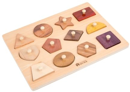 Adena Montessori Wooden Puzzles for Toddlers 1-2, 12 Piece Shape Peg Board with Knobs Educational Learning Toys for 1-2 Year Old Natural Wood Shape Sorter for Babies Durable Montessori Toys