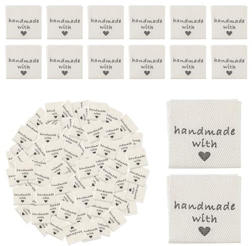 Aysatogc 100 Stück Handmade Label Zum Annähen Personalisierte Nähetiketten Handgefertigte Label Handmade Etiketten Nähen Labels Tags Stoff für Nähen, Häkeln, Verzierung