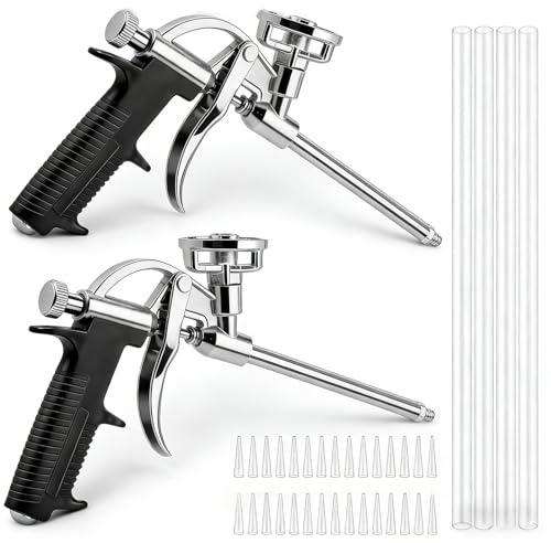 VEGOATY Lot de 2 pistolets à mousse PU : pistolet à mousse avec 4 buses longues et 50 buses courtes, pistolet à mousse de construction avec poignée ergonomique en plastique et bouton de contrôle du