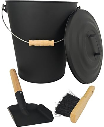 Relaxdays Cubo para Cenizas con Tapa, 24L, Escoba y Pala, asa, Negro/Natural, 37.5x34x25.5 cm