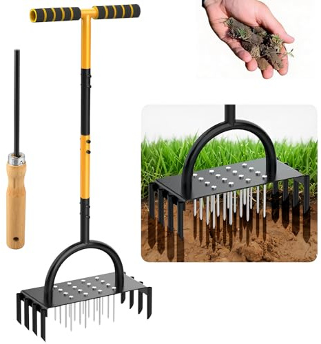 Minleer Manual Lawn Aerator Scarifier Tool, 2-in-1 Hollow Tine Aerator with 16 Spikes and 8 Cores, 98cm Lightweight Lawn Scarifier and Aerator for Garden and Yard Care