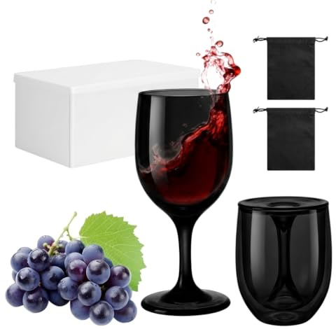 VINATO 2 Pcs Bicchieri da Vino Portare, 200ml Pieghevoli Bicchieri Plastica Vino Campeggio, con Scatola di Conservazione e 2 Sacchetti Impermeabili, Calici Plastica per Viaggi all'Aperto Picnic（Nero）