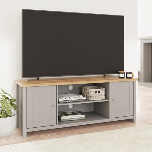 GFW Large Lancaster TV Cabinet Unit With Storage Shelves & Cupboard. Grey Living Room TV Stand With Oak Top. Wood Sideboard Media Stands. Grey & Oak Sideboard TV Unit With Rear Cable Entry (Grey)