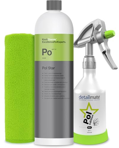 Detailmate Innenreinigung Set- Koch Chemie POL Star - Textil-, Leder & Alcantarareiniger 1L - detailmate by Kwazar Super PRO+ 360 Grad Sprühflasche 0,5L, Double Action Trigger - Mikofasertuch 40x40 cm