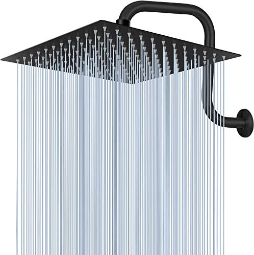 Voolan Rain Shower Head with Goose Neck Curve Arm, All Metal Waterfall Rainfall Showerhead, High Flow Bathroom Square Large Shower Head (12’’ Shower Head with 13’’ Shower Arm, Black)