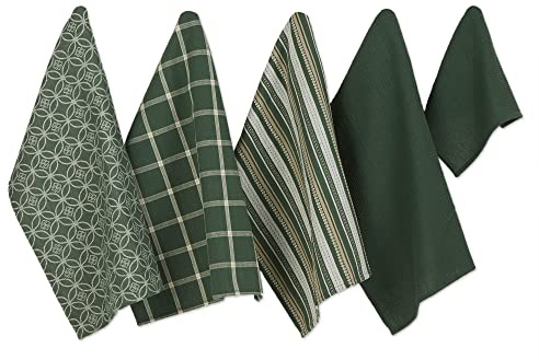 DII Assorted Woven Kitchen Set, Dishtowel, 18x28; Dishcloth, 13x13, Dark Green, 5 Piece