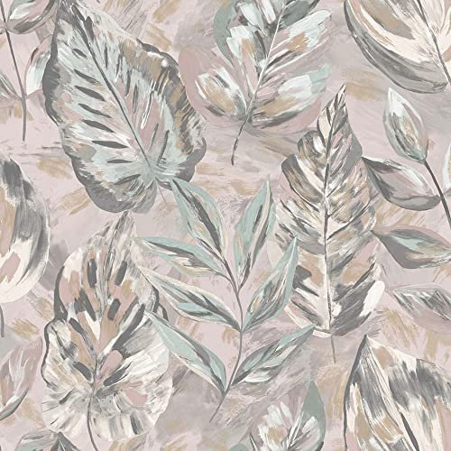 Holden Decor Aralia Pink Wallpaper 36113 - Metallic Brush Painted Leaf