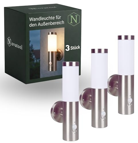 Novatool 3x Außenlampe Edelstahl mit Bewegungsmelder I IP44 I E27 Sockel I 7,8x14,5x36 cm I Außenleuchten Wandleuchten außen Wandstrahler Außenbeleuchtung Terrassenbeleuchtung Terrassenlampe
