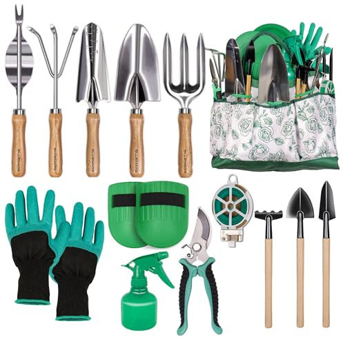 Bluemars Gardening Hand Tool Kit 14PCS Heavy Duty Stainless Steel Garden Tool Set with Floral Garden Tote -Outdoor Gardening Transplanting Gifts for Woman