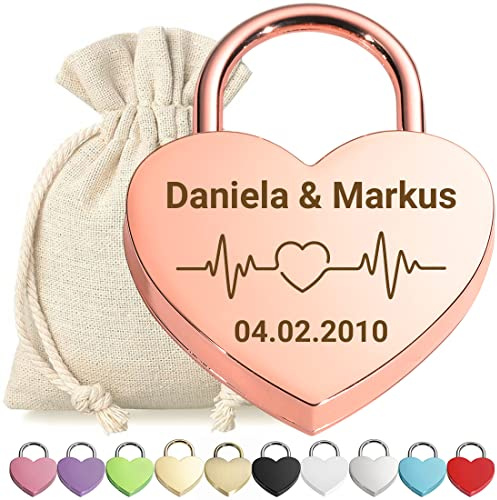 Herz Liebes-Schloss Bügelschloss Vorhängeschloss Graviert Rose Gold - Motiv Herzfrequenz - personalisiert - weißer Stoffbeutel - Geschenkidee Valentinstag - Paar-Geschenk - jetzt gestalten