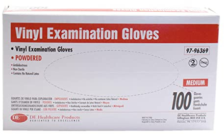DE Healthcare Products – Vinyl-Einmalhandschuhe (100 Stück), leicht gepudert, nicht-texturiert, durchsichtige Handschuhe mit Rollrand, M