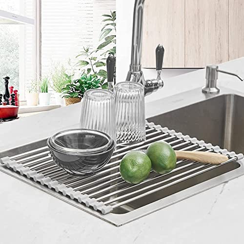 ACiyD Escurridor de Platos, escurridor de Platos Enrollable de Cocina de Acero Inoxidable Grande Resistente al Calor Plegable, tapete sobre Fregadero (Tamaño : 46cm/18.1in) (40cm/15.7in)