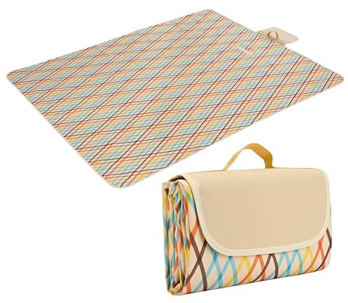 Neez Picnic Blanket Waterproof - Extra Large 200×195cm Beach Blanket with Carrying Handle - Sand Free Washable and Foldable Beach Mat - Outdoor Blankets for Garden, Camping (Rainbow Grid)