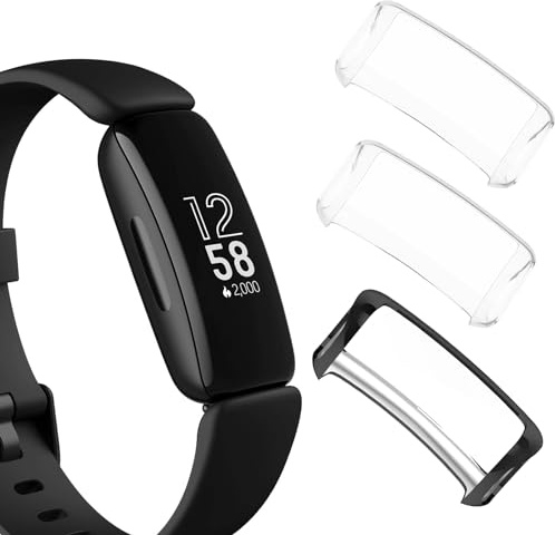 [3Pack] Case for Fitbit inspire 3/inspire 2 Tempered Glass Screen Protector，PC Hard Case Tempered Glass Screen Protection Cover Slim Full Cover Scratch Proof Protector，Black+Transparent+Transparent