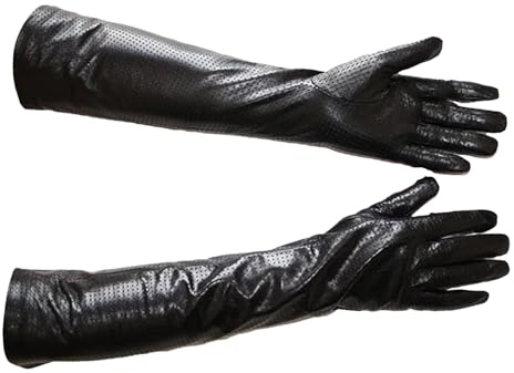 Lange Lederhandschuhe für Damen, Schaffell, dünn, über Ellenbogen, langes Fleecefutter, warme Winterhandschuhe, Schwarzes Netz-Design, 7