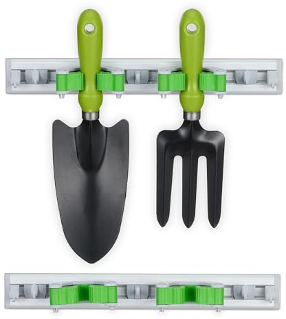 Relaxdays Gerätehalter Wandhalterung 2er Set, Besenhalter mit Haken, je 2 Wandklemmen für Gartengeräte, Alu, Silber/grün