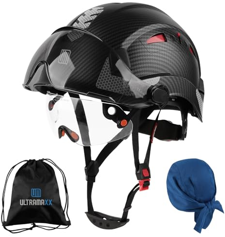 UM ULTRAMAXX Safety Helmet with Build-in Visor, Hard Hat with Vented Design, ANSI Z89.1 Certified, Ideal for Industrial and Construction, Matte Black Carbon Fiber