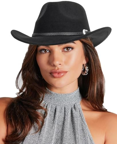 NociHah Klassischer Western-Cowboyhut aus Filz für Damen und Herren, Cowboyhut mit breiter Krempe und Gürtelschnalle (Größe: Mittel-Groß)