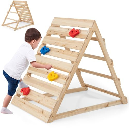 GYMAX Kids Climbing Frame, Double Sided Wooden Toddler Climber with Colorful Climbing Rocks, Indoor Climbing Toys for 3-8 Years Old Boys Girls