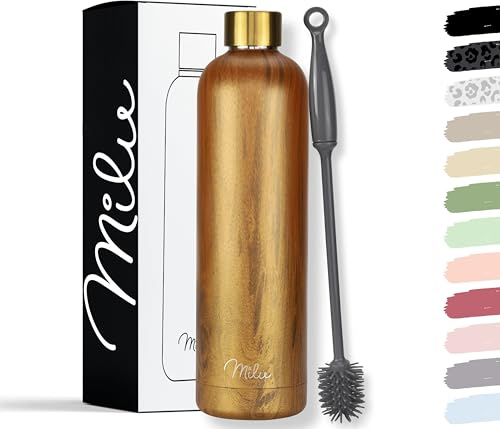 Milu Thermosflasche 1L Isolierte Edelstahl Thermo Trinkflasche Thermoskanne Auslaufsichere Isolierflasche doppelwandig - Kohlensäure geeignet – inkl. Reinigungsbürste (Holzoptik, 1000ml)