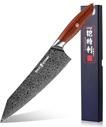 Kitory Kochmesser Kiritsuke Messer Damaskus Edelstahl 73 Lagen Küchenmesser Damastmesser 21 cm Klinge Aus 10Cr15CoMoV Stahl mit Griff aus rotem Sandelholz - Pro Damast Serie