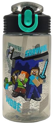 HOX Minecraft Gourde réutilisable sans BPA pour enfants avec boucle de transport intégrée, bec verseur rabattable et paille amovible – 600 ml