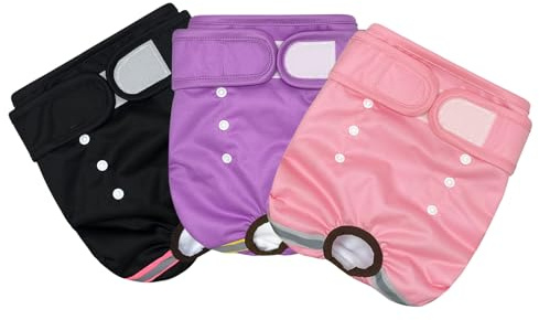 Janety 3 Pezzi Pannolini per cani femminili lavabili, altamente assorbenti per cani, riutilizzabili, incontinenza, mutandine igieniche, femmine cane mestruale panties, nero rosa purple(M)