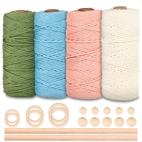 Makramee Garn Set 3mmx60m, Makramee Set Zubehör mit 4 Stück Makramee Baumwollgarn, 10 Holzperlen, 6 Holzringe, 2 Holzstäbchen, Makrameegarn Deko für Wandbehang, Blumenampel, Vorhang, Schlüsselanhänger