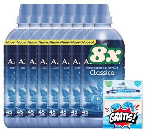 8X Felce Azzurra Ammorbidente Concentrato, 900ml, 45 Lavaggi (360 Lavaggi totali), + 1 bustina di profumatore biancheria Mon Amour Omaggio (Classico)