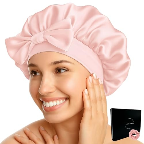Seidenhaube zum Schlafen mit Band für alle Größen & Haartypen geeignet - Schützt Haare vor Bruch & Spliss | Behält Lockenform, spart Zeit beim Styling | Flortree (Rosa)