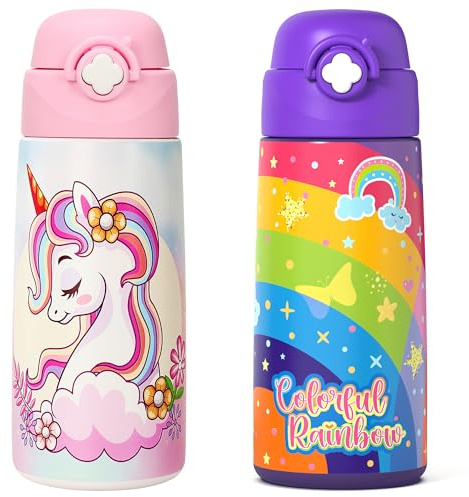 Ntswasd Vattenflaska för barn i rostfritt stål sugrör termosflaska 500 ml -BPA fri läckagesäker termovattenflaska för skola, dagis (2-pack, enhörning + regnbågslila)