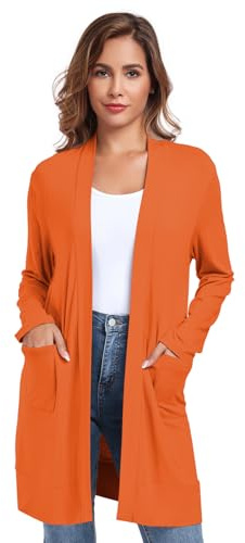 TownCat Damkofta lång med fickor långärmad öppen stickad kappa cardigan dam lång elegant tunn odla ledig lätt ventilation, apelsin, XL