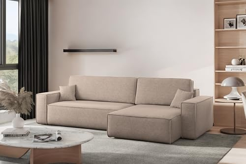 Kaiser Möbel - Ecksofa mit Schlaffunktion und Bettkasten, Wohnlandschaft L Form XL, Schlafsofa, Bequemes Couch mit Ottomane für Wohnzimmer, Relaxsofa, Lounge-Set L-Form, Best XL, Warmbeige, Rechts