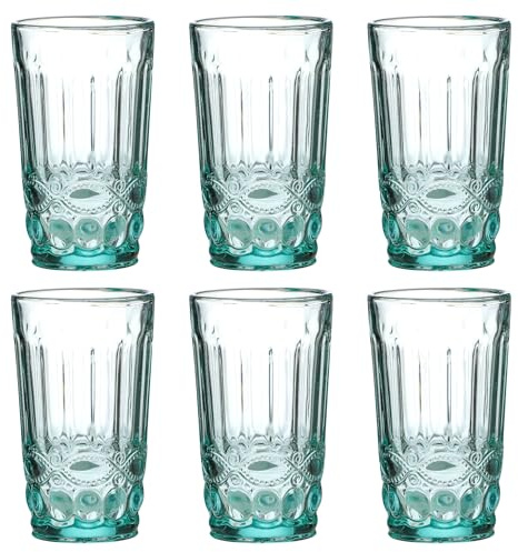 GMMH Vintage 6er-Set Farbige Weingläser und Trinkgläser mit Prägung Relief (Schleife, Türkis, Trinkglas) Weinglas, Kelch, Wasserglas, Longdrinkgläser, Cocktail Gläser, Glas, Glaskelche