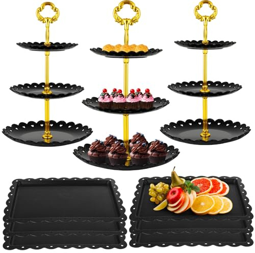 9-teiliges Dessert-Tisch-Display-Set, 3 dreistöckige Cupcake-Ständer und 6 quadratische Dessert-Serviertabletts, Elegante Kuchenständer und Obsttabletts für Geburtstage, Hochzeiten, Teepartys