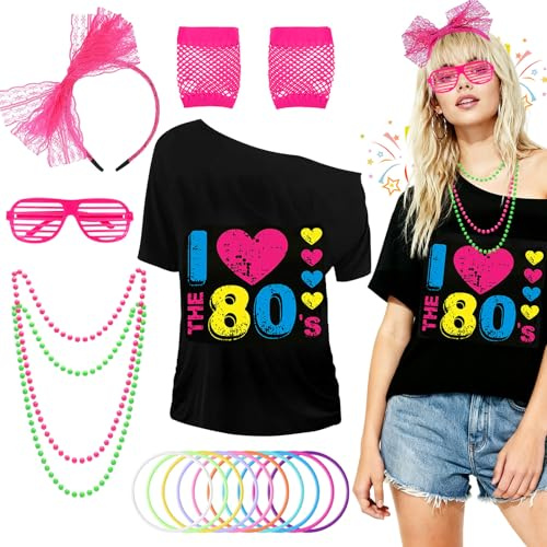 Bryndo 80er Jahre Outfit Damen Set 80s 90s Kleidung Kostüm Accessoires-S