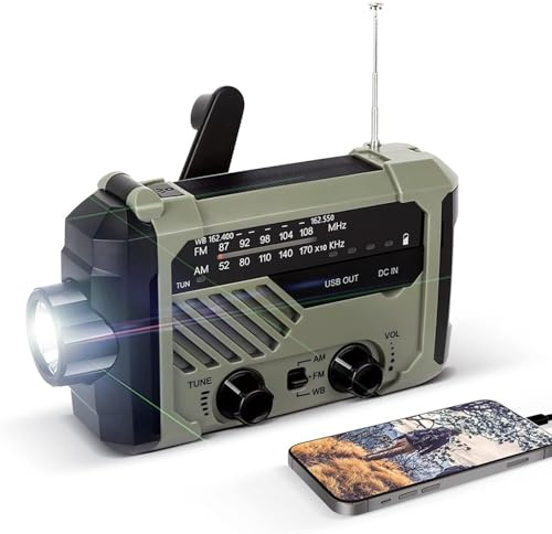 Radio de Survie Solaire et Dynamo, Radio de Secours Portative à Pile et Manivelle, Kit de Survie Multifonction avec Lampe & Power Bank, Idéale Urgences et Camping, Emergency (Vert P4)
