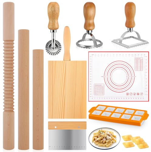 Pasta Maker Set 10 Piece, Wooden Pasta Machine with Rolling Pin & Gnocchi Board, Ravioli Stamp and Dumpling Ravioli Mould Kit for Italian Pasta, Ravioli, Kitchen Tools Pasta Making Tools