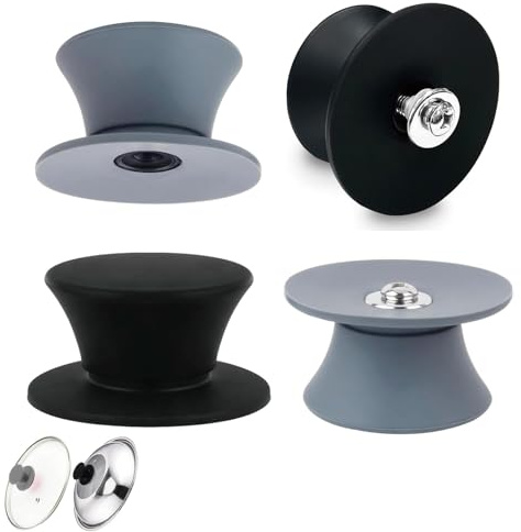4 Stück Topfdeckelgriff, Universal Topfdeckel Griffe, Ergonomische Silikon Topfdeckel, Hitze- Und Rutschfest Für Glasdeckel Mit Loch Geeignet, (Grau Schwarz）