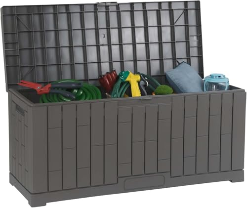 PRADICHI Outdoor Storage Box Waterproof – Heavy Duty Garden Deck Box for Patio Cushions, Tools, Toys, Logs & Coal – Lockable Resin Chest Container Bin for Outside, Garage & Pool (60 Gallon)