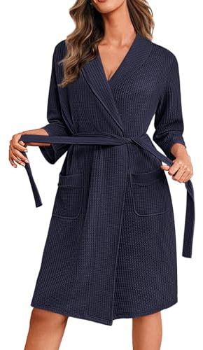 Ekouaer Peignoir de Bain Femme Court Gaufré Robe de Chambre avec Poches Doux et Léger Kimono Peignoirs