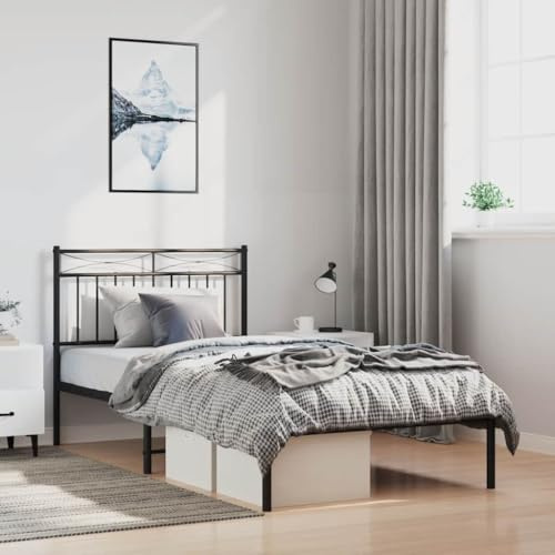 Qnhdfrt Bettgestell mit Kopfteil Schwarz 100x200 cm Metallrahmen Lattenrost 207x105x91 cm Höhe 26 cm Stauraum Jugendbett Einzelbett für Schlafzimmer Gästezimmer