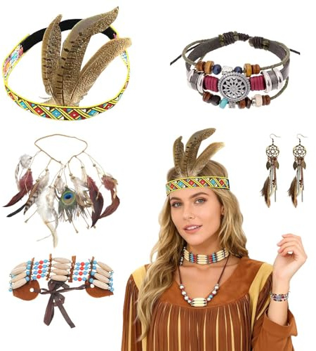 RAOPNHS Indianer Kostüm Damen Accessoires Set 5 Teilig, mit Indianer Kopfschmuck Feder Stirnband Ohrringen Halskette Armband, für Karneval Faschingskostüme Frau und Karneval Kostüm Damen