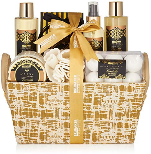BRUBAKER Cosmetics 'Vanilla Golden Paradise' 13-Pieces Bath Gift Set in Trug Crate - Vanilla Roses Mint Fragrance